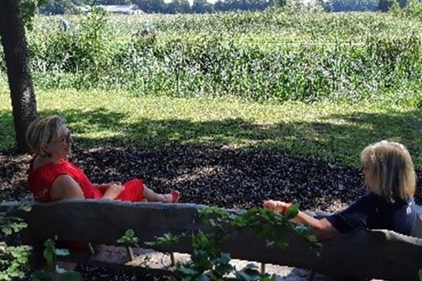 Twee dames praten op een bankje op afstand uit elkaar Twee dames praten op een bankje op afstand uit elkaar